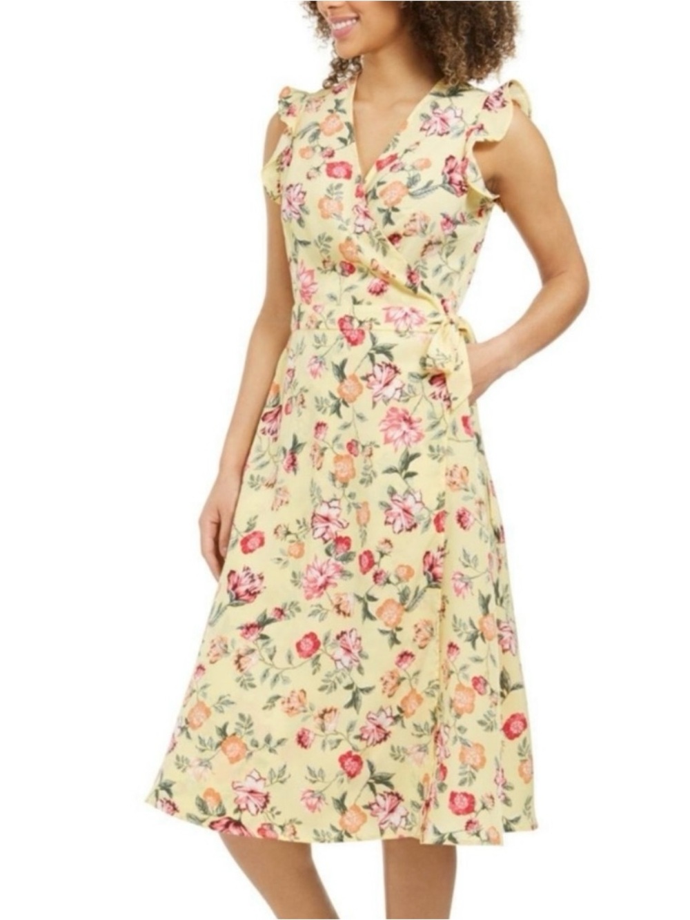 NWT Charter Club Yellow Floral Midi Wrap Dress Ruffle Sleeves 2X